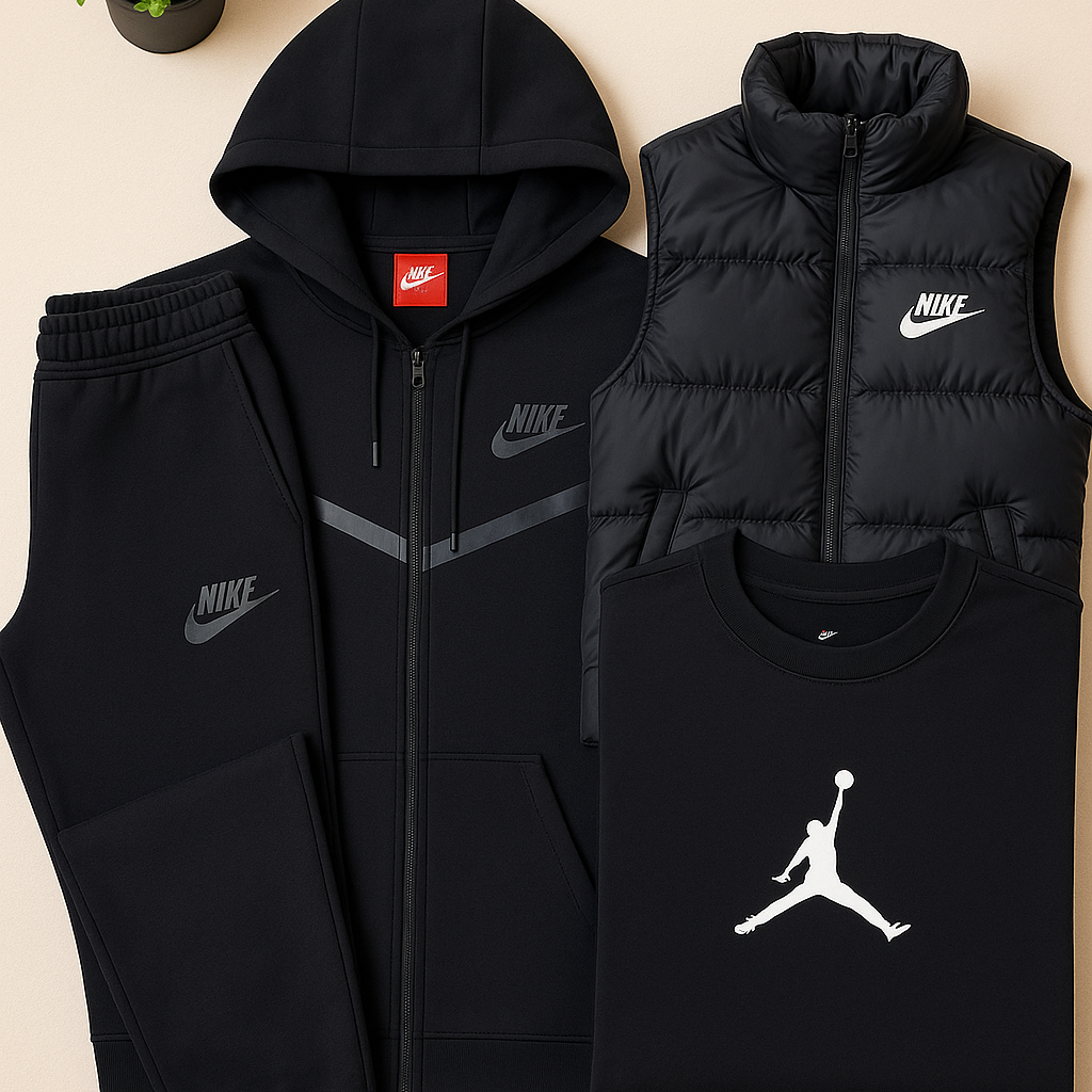 NK™ Full Outfit Bundle in Gray – Hoodie, Joggers, Puffer Vest & Jordan T-Shirt